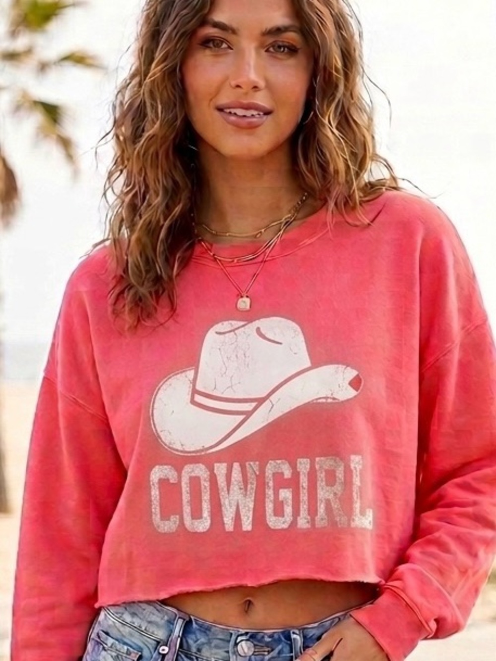 Western Peach Love California Coral Cow Girl Bright pink crop sweatshirt top